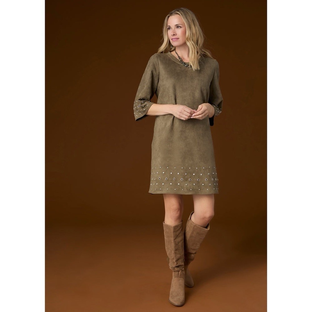 Coco + Carmen Faux Suede Dress Rivet Detail Olive Green Large / XL Lagenlook NWT